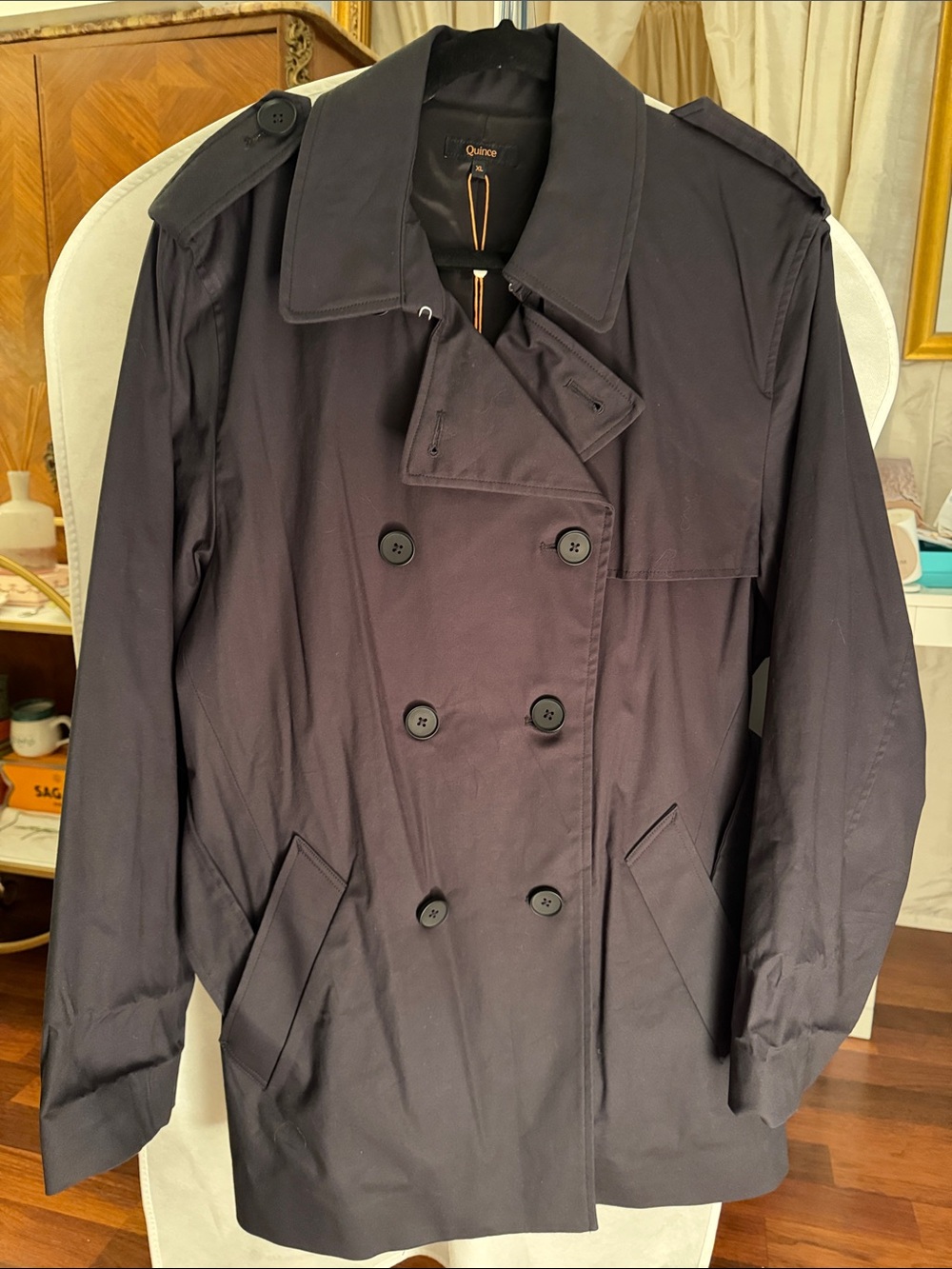 Quince Men's Double-Breasted Dark Navy Trench Coat